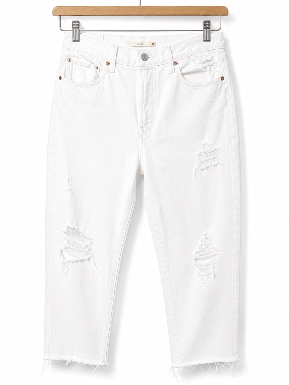 Levi's Premium Wedgie Straight White Distressed Jeans Size 31 High Rise Raw Hem